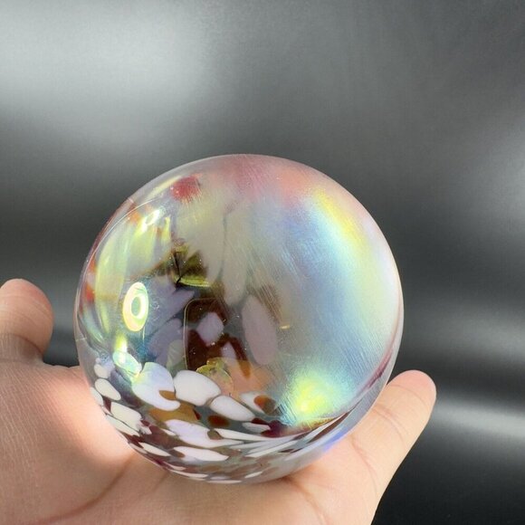 Hand Made Art Glass Paperweight Orb Polished Bottom Iridescent Glass Decor VTG - Picture 9 of 15